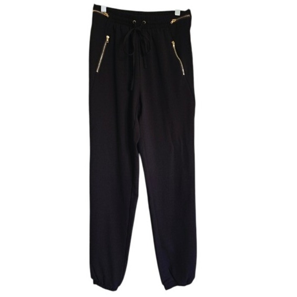 Blu Pepper Black Pants with Gold Zipper‎ Accents Drawstring Waist Dressy Pants